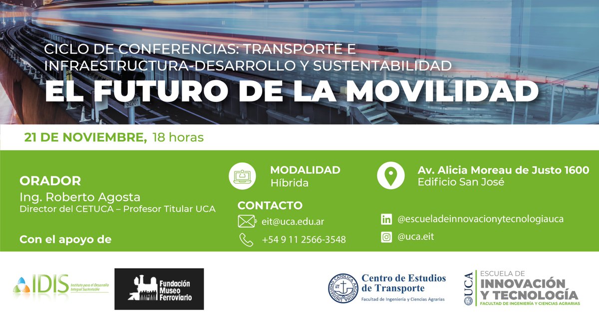 Este martes 21 de noviembre, el Ing. Roberto Agosta expondrá sobre "El futuro de la movilidad". 

Se realizará en el edificio San José de la Universidad Católica Argentina (Av. Alicia Moreau de Justo 1600, CABA).  Para registrarse, acceda a: lnkd.in/dxUYmqTe