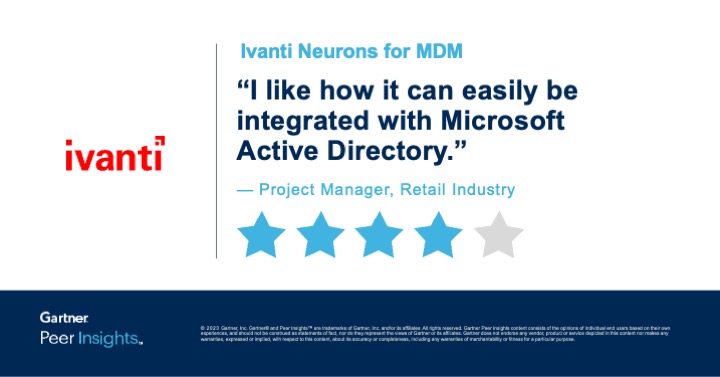 Never wonder again if your supply chain workers' devices are updated and ready for business! 📲 With Ivanti Neurons for MDM, you'll have all the answers. Discover what a satisfied Ivanti #MDM customer had to say in Gartner® Peer Insights: gtnr.it/3PK5ZIf