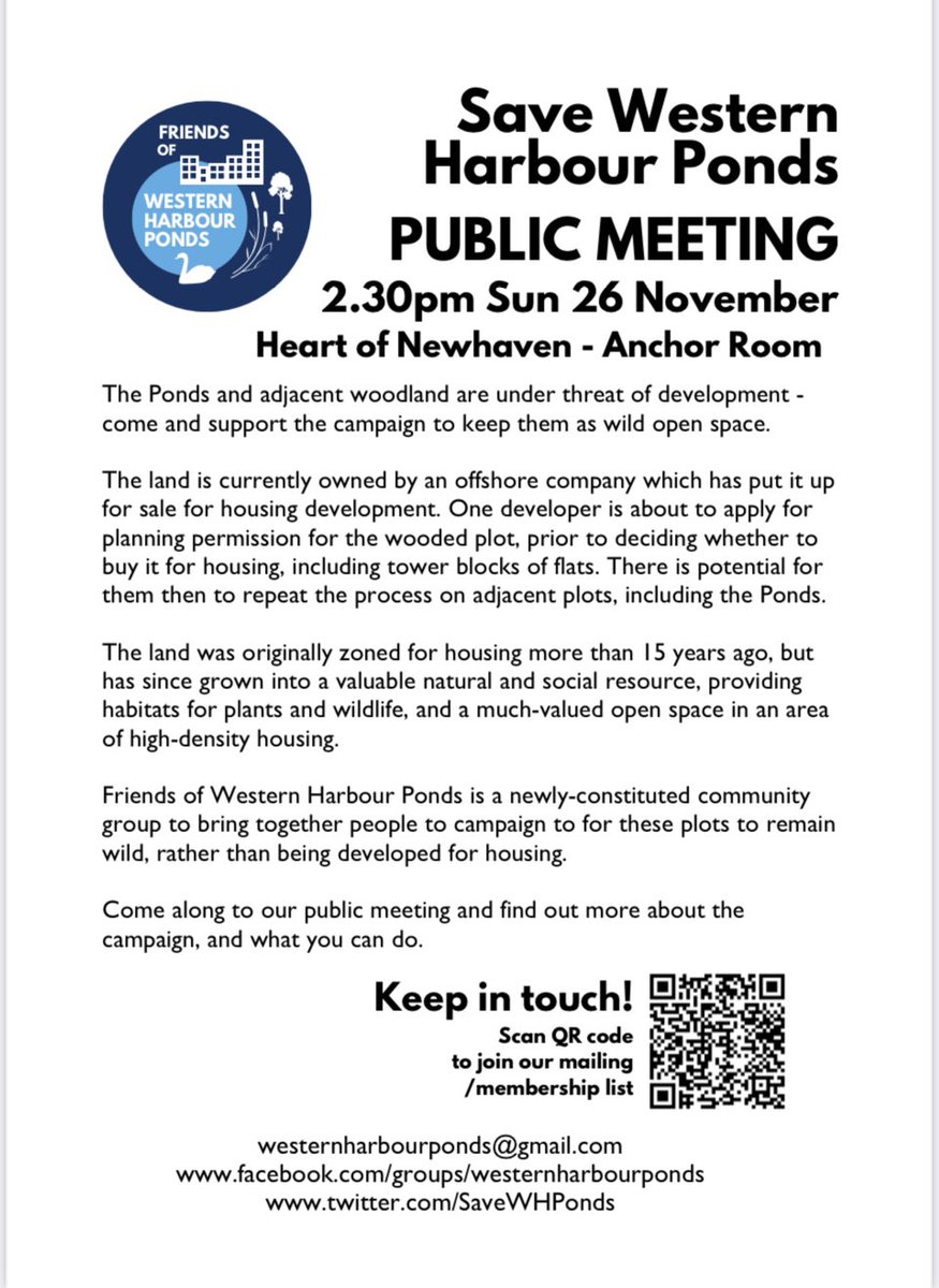 🚨PUBLIC MEETING!
2.30pm on Sun 26 Nov at <a href="/HeartofNewhaven/">Heart of Newhaven Community</a> -
Come and find out how you can support the campaign to save Western Harbour Ponds from development.
