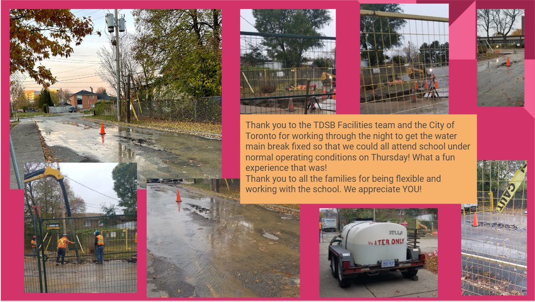 Thank you @TDSB Facilities Teams for working through the night to fix the water main break at the front of the school! Students, families and staff REALLY appreciate it! What a fun adventure this day was! #appreciationpost #tdsbfacilityservices #roywoodcommunity #roywoodrocks