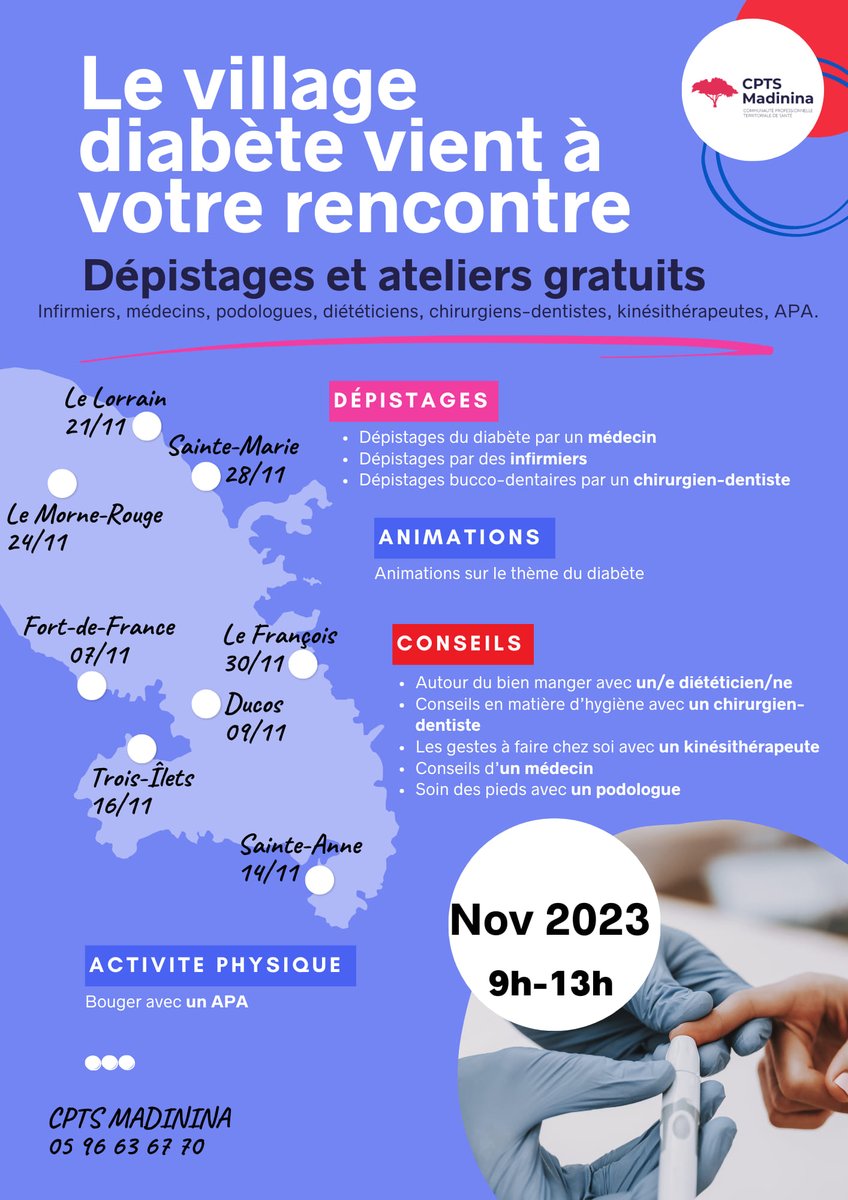 | #Prévention | Le Village #Diabète organisé par la <a href="/CPTSMadinina/">CPTS Madinina</a> tout au long du mois de novembre sur l'ensemble du territoire. Dépistages et ateliers gratuits proposés par des professionnels de santé. #santéenMartinique