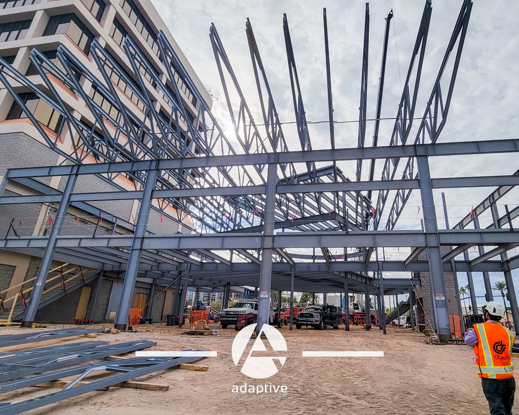 adaptivearch's tweet photo. 🏗️ Major Milestone Ahead! 🏗️ Those overhanging trusses are stealing the spotlight as Mesa City Hall's structure is set to top off next week! Stay tuned for more updates... #AdaptiveArchitects #MesaCityHallProgress https://t.co/NaSSctVJSK