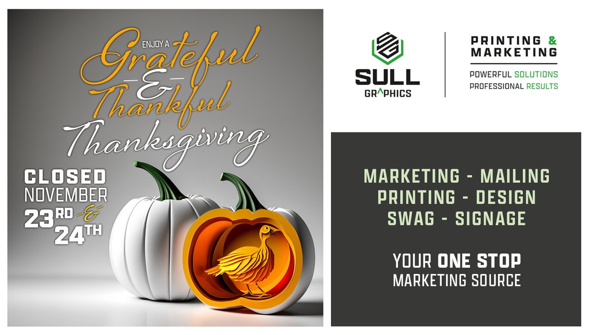SULLGRAPHICS's tweet image. 🦃🍂 Thanksgiving Closure Announcement 🍁🌟

Dear valued clients and friends,

Sull Graphics will be closed for Thanksgiving - NOVEMBER 11/23 &amp;amp; 11/24.

While our doors may be closed, our digital presence is always open! 

mailchi.mp/sullgraphics/t…