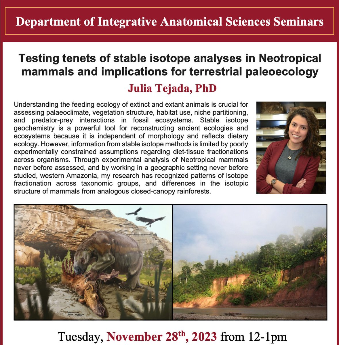 USC Anatomy (@usc_ias) on Twitter photo Kickstarting our <a href="/USC_IAS/">USC Anatomy</a> 2023-2024 research seminar series! First up is Dr. Julia Tejada on Tuesday, Nov 28 #anatomy #paleoscience
<a href="/USCPaleoSci/">USC Paleosciences</a> Kickstarting our <a href="/USC_IAS/">USC Anatomy</a> 2023-2024 research seminar series! First up is Dr. Julia Tejada on Tuesday, Nov 28 #anatomy #paleoscience
<a href="/USCPaleoSci/">USC Paleosciences</a>