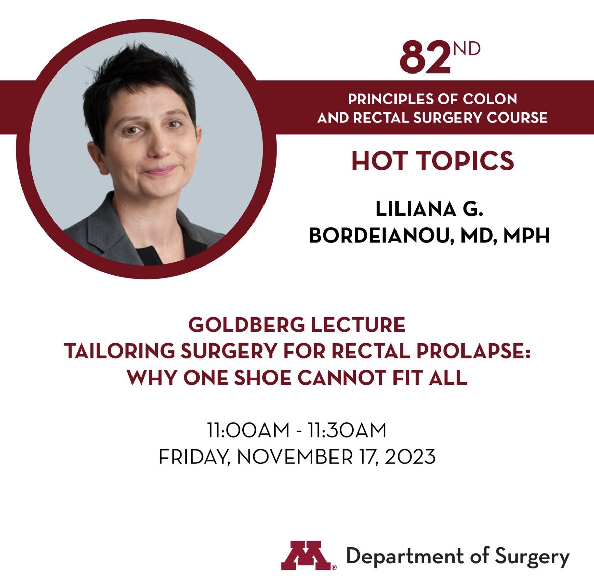 Up next…. @LilianaBordei presenting for the Goldberg Lecture #colorectalsurgery #umnproud