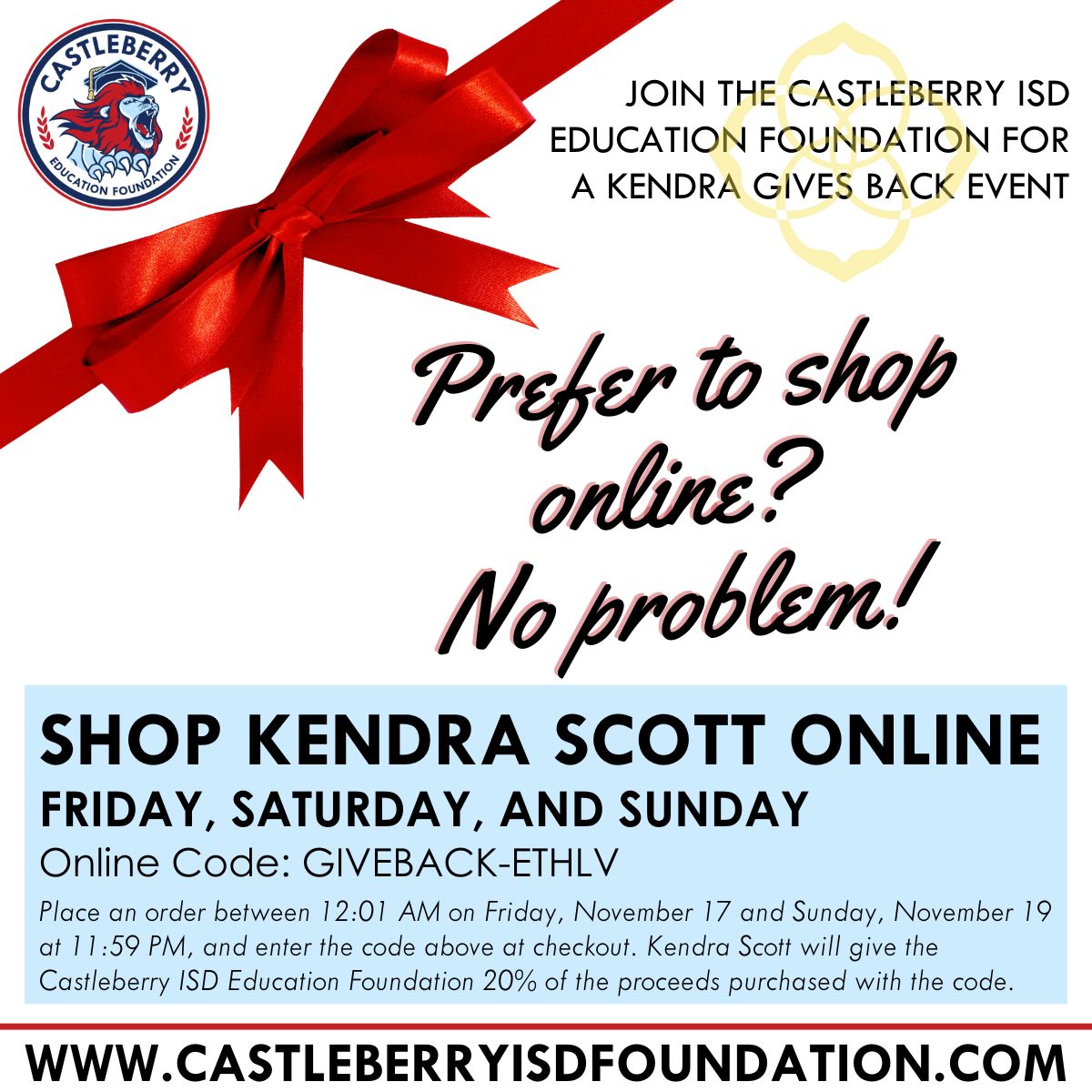 Don't feel like leaving the house? No problem! Shop online and enter the code below to support the Castleberry ISD Education Foundation. 20% goes back to the students and teachers at Castleberry ISD.
Online Code: GIVEBACK-ETHLV
kendrascott.com
#cisdfoundation