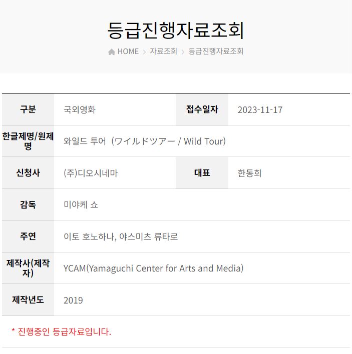 '너의 눈을 들여다보면' 미야케 쇼 감독 ‘와일드 투어’(2018) 개봉 준비 심의 중

야마구치 지역 생태연구 워크샵에 참석 중인 19살 우메는 식물 샘플을 수집하기 위해 다케, 슌과 함께 야마구치의 자연을 탐험하기 시작한다. 여행이 이어지는 동안 세 사람은 동네를 더 잘 알게 되고, 더 가까워진다.