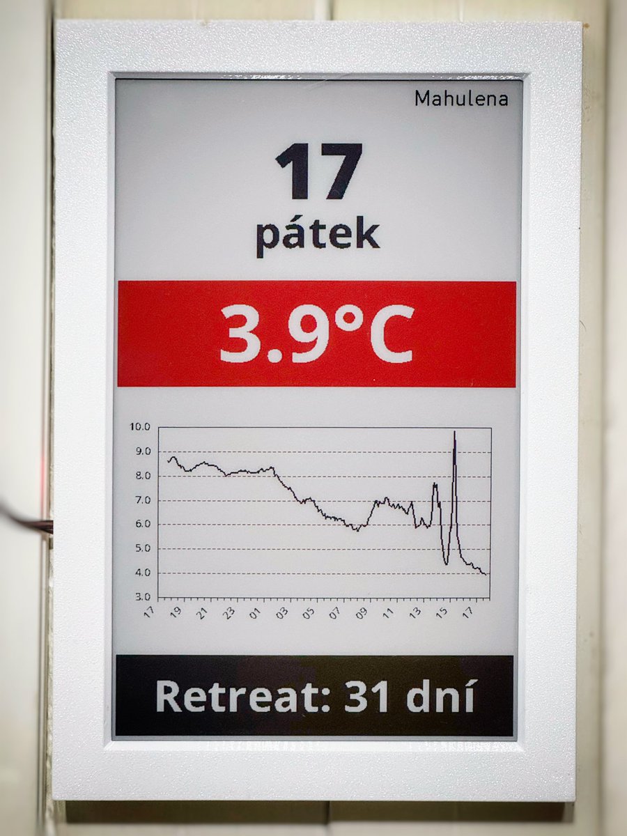 #DnesBastlim eInk displej <a href="/zivyobraz/">Živý obraz</a> vedle vchodových dveří. Odpočítávání dnů tahám z Google Tabulky. Jo a díky <a href="/AndroZoid/">Ondřej Píštěk</a> za vytisknutí krabky.