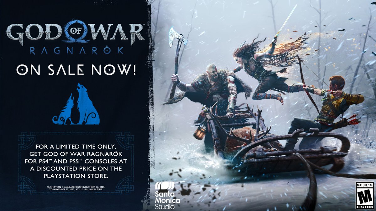 SonySantaMonica's tweet photo. The @PlayStation #BlackFriday sale starts today! 

Pick up #GodOfWarRagnarok for a discounted price between Nov 17 - 27  🪓🏹 https://t.co/pFdIZCBY42