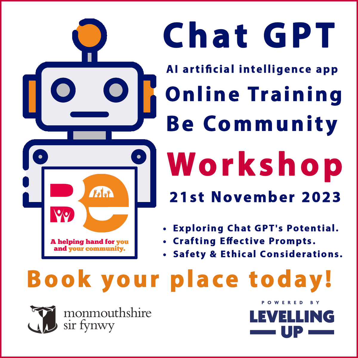 MonmouthshireCC's tweet image. Be Community is pleased to confirm Chat GPT ( AI artificial intelligence app) online training workshop for Tuesday 21st November, 10am to 12:30pm.

monmouthshire.gov.uk/community-lead…
 
#BeCommunity #LevellingUp #UKSPF