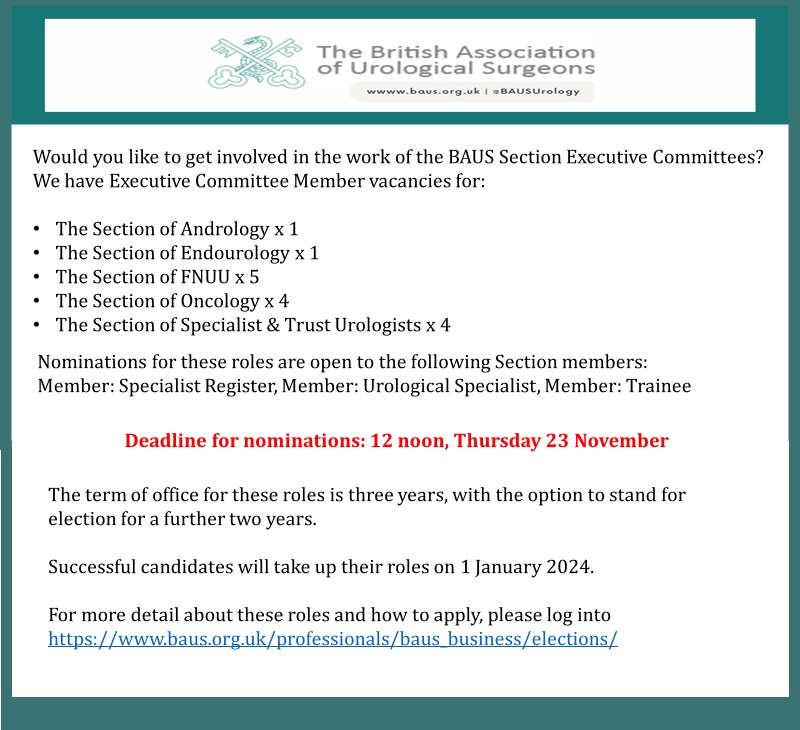 👀Nominations invited for BAUS Section Executive Committee Members Section members who are Member: Specialist Register, Member: Trainee or Member: Urological Specialist may apply. Vacancies in: Andrology, Endo, FNUU, Oncology & STU Log in for more info: baus.org.uk/professionals/…