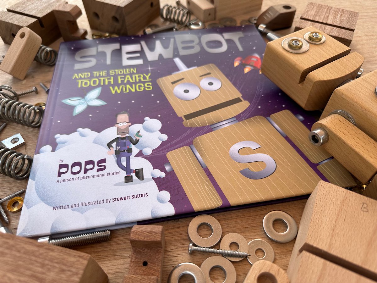 Stewbot2's tweet photo. Excited to announce the launch of my new children's picture book, Stewbot and the Stolen Tooth Fairy Wings. Written and Illustrated by Stewart Sutters. Check out https://t.co/S48rJTenYV for options to grab your copy now. #picturebooks  #kidsbooks  #childrensbooks #robots https://t.co/GiupVysk7e