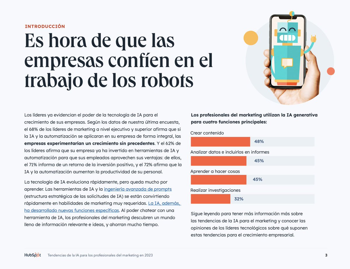 HubSpotEspanol's tweet photo. 💥El 71% de los profesionales del marketing han visto un ROI positivo y una mayor productividad de sus empleados como resultado de la implementación de la IA. Conoce las últimas tendencias de IA para el marketing en 2023 en el informe completo abajo. 🚀

👉https://t.co/qJ2qNXuFgh https://t.co/bkHXUt1zHh