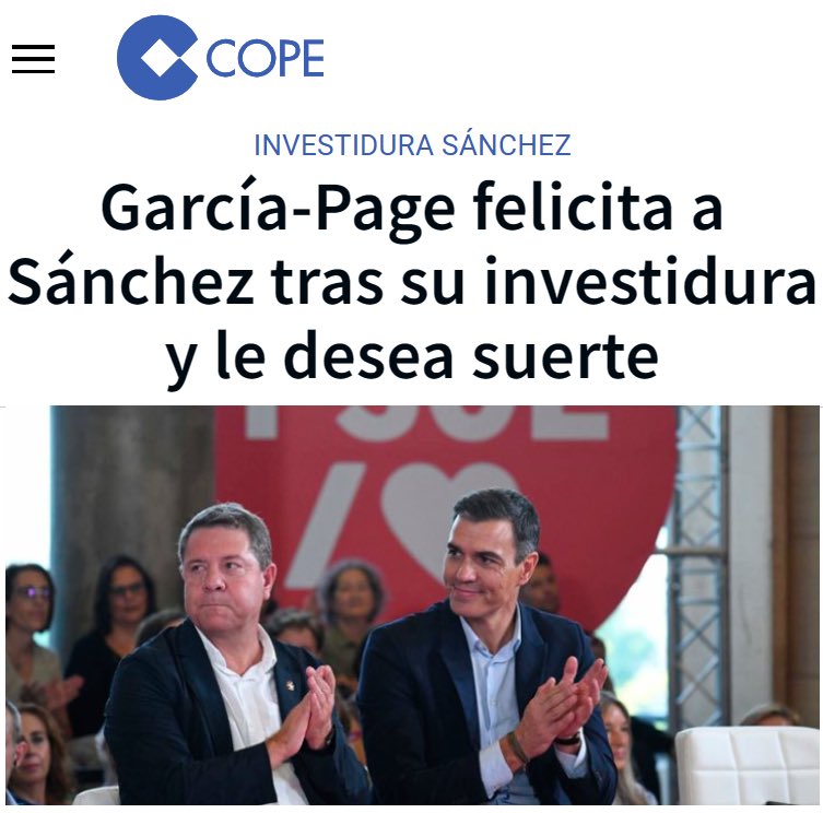 OlgaPatriaVOX's tweet image. García-Page se coloca las rodilleras ante Sánchez para desearle suerte en su investidura. Qué falta de cojones ha tenido este sinvergüenza cobarde!!