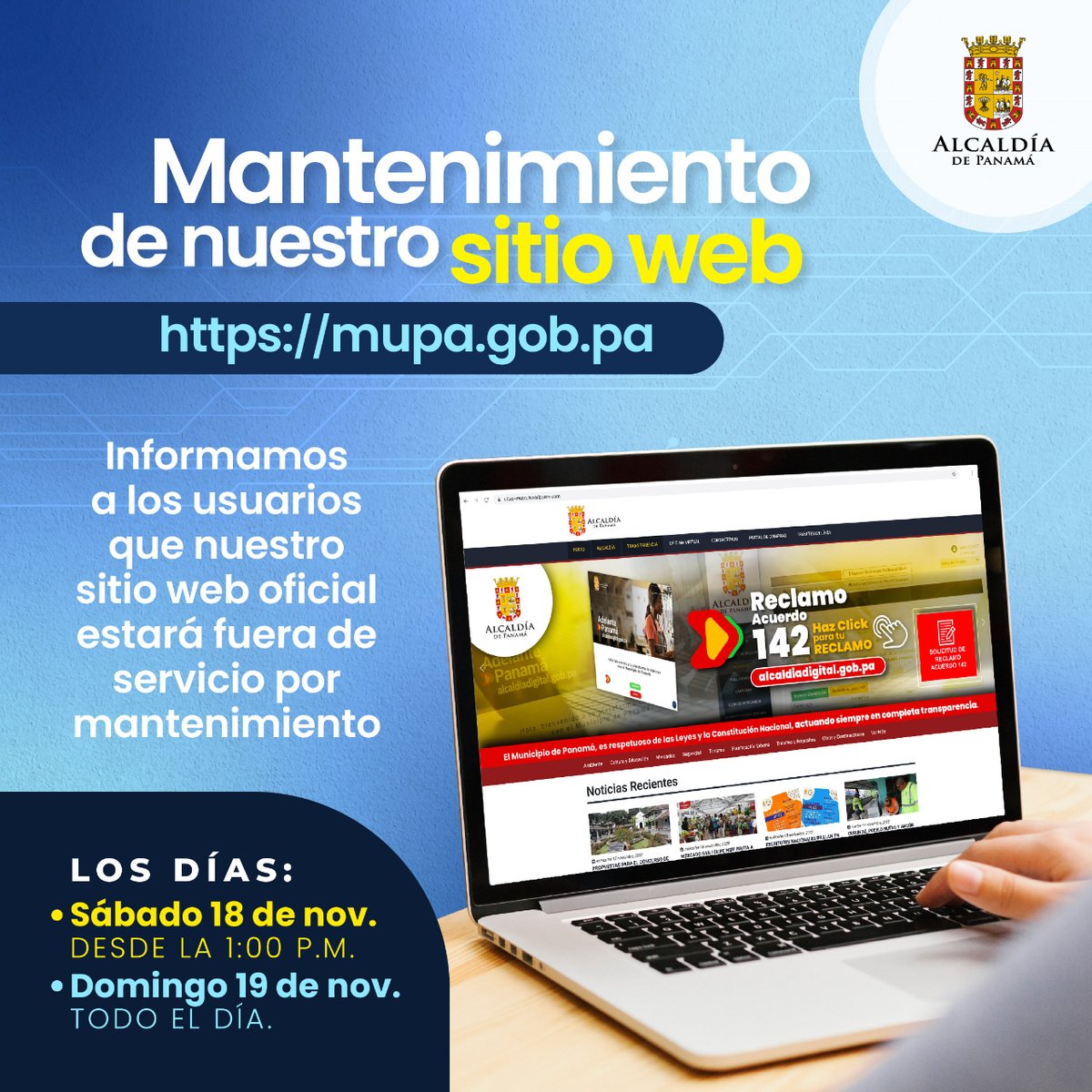 Este sábado 18 de noviembre, nuestro sitio web mupa.gob.pa estará fuera de servicio por mantenimiento a partir de la 1:00 p.m. El domingo 19, también estará inactivo durante todo el día.  Estamos trabajando para brindarles un mejor servicio.
¡Gracias por su paciencia!