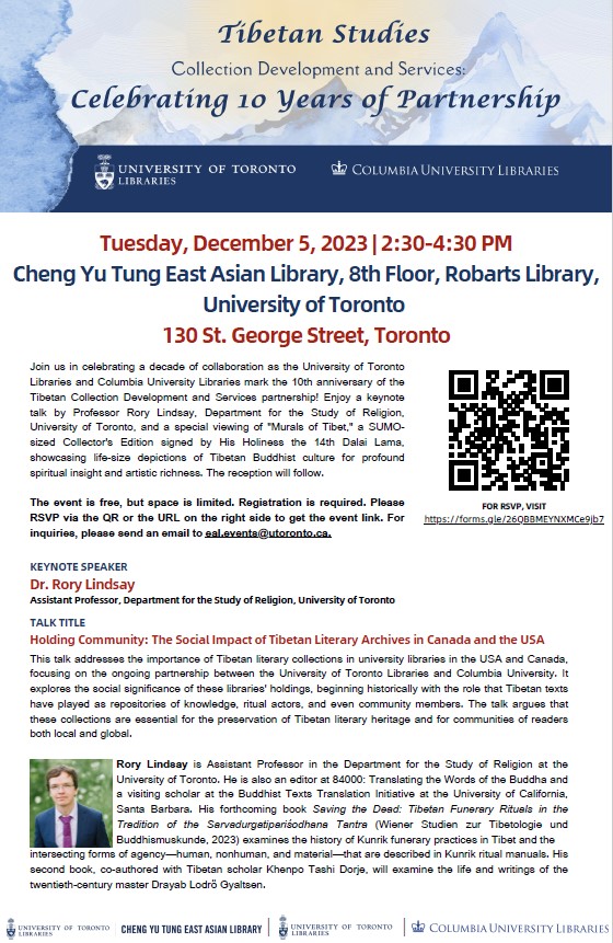 EastAsianLib's tweet photo. 🎉#TibetanStudies Save the date!
We are pleased to invite you to the 10th anniversary of the Tibetan Collection Development & Services partnership between @uoftlibraries & @columbialib!
💠Tues Dec 5 from 2:30-4:30pm in-person @EastAsianLib
Please RSVP: https://t.co/phvKFcrJwr https://t.co/Eo0OfS6OGM