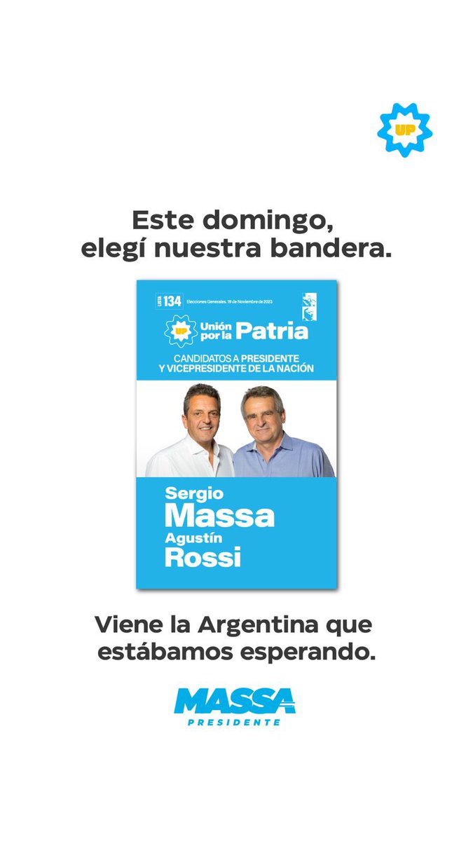Este domingo es por todes.
#VieneLaArgentina que queremos.
Elegí nuestra bandera, elegí tu patria, elegí derechos. 

🇦🇷 Es con <a href="/SergioMassa/">Sergio Massa</a> y con <a href="/RossiAgustinOk/">Agustín Rossi</a>