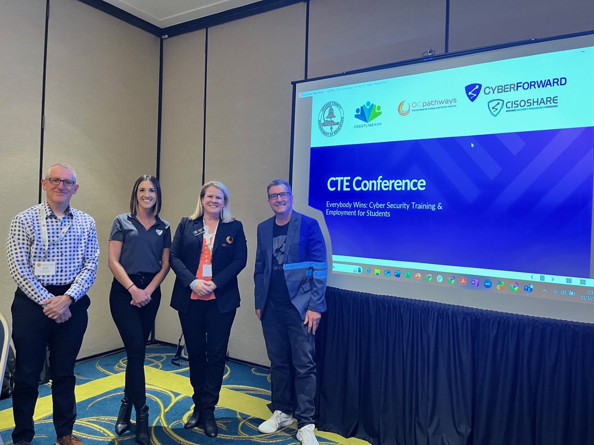 CyberForward's tweet photo. @CyberForward is so thankful and fortunate to have such amazing partnerships with @OCDeptofEd and @CoastlineROP to talk about the origination of our cyber security high school programs.

#CTEconference #OCDE and #cybersecurity #highschool #coastlinerop #rop #careers https://t.co/7EdyuNG7n6