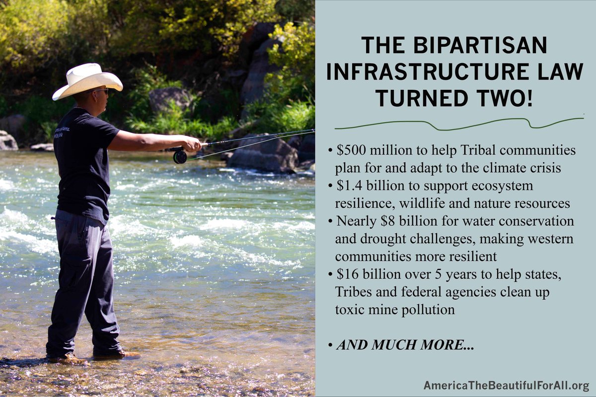 The Bipartisan Infrastructure Law turned 2 this week! Analysis shows it supported almost 18k jobs and added $2 billion/yr. Thank you @POTUS and @Interior! We'll be ready to defend the law from potential attacks in Congress. #protect30x30 #justice40 #climatecrisis #natureloss