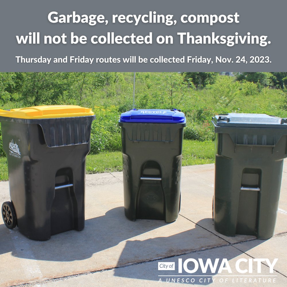 Garbage, recycling, and compost will not be collected on Thanksgiving, Thursday, Nov. 23, 2023. Thursday routes will be collected the following day, Friday, Nov. 24. Thursday and Friday routes should have their bins at the curb by 7 am Friday.
Learn more: bit.ly/TurkeyDayIC23