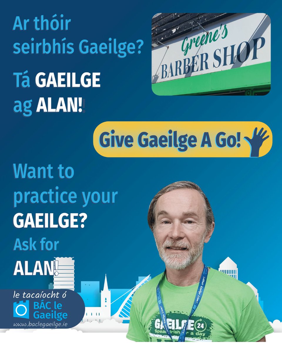 *Give Gaeilge A Go!* Ag iarraidh do ghruaig a fháil déanta? Déan coinne le hAlan i nGreene's i Ráth Maonais. Eolas/ Info- baclegaeilge.ie Looking to get your hair done? Make an appointment with Alan in Rathmines Barbers. #Gaeilge #GiveGaeilgeAGo #BÁCleG #BÁCleGaeilge