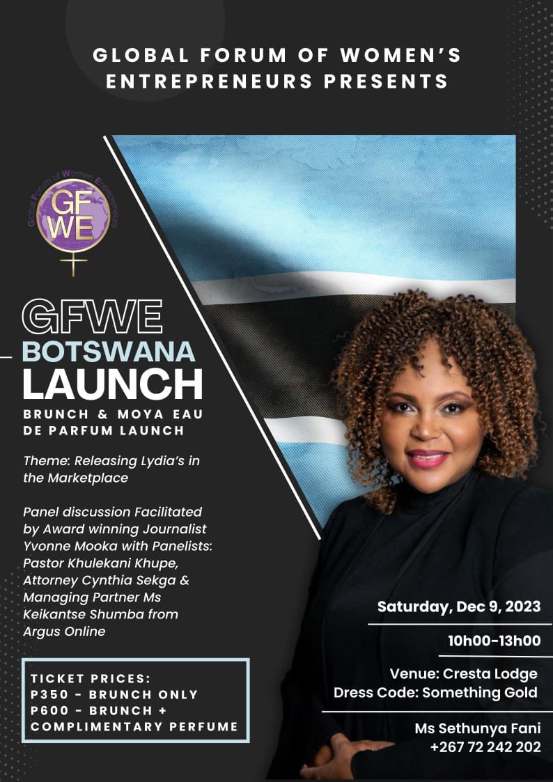 ANY WOMEN ENTREPRENEURS IN BOTSWANA?A re kopaneng bo Mme ba kgwebo ba ba ratang Jeso ka 9 Dec Cresta Lodge re bueng tsa kgwebo e e tlhamaletseng!Only 100 tkts &amp; going fast so please purchase your tickets!Contact Mme Sethunya Fani:GFWE Botswana Chpt Pres for more details.See flyer