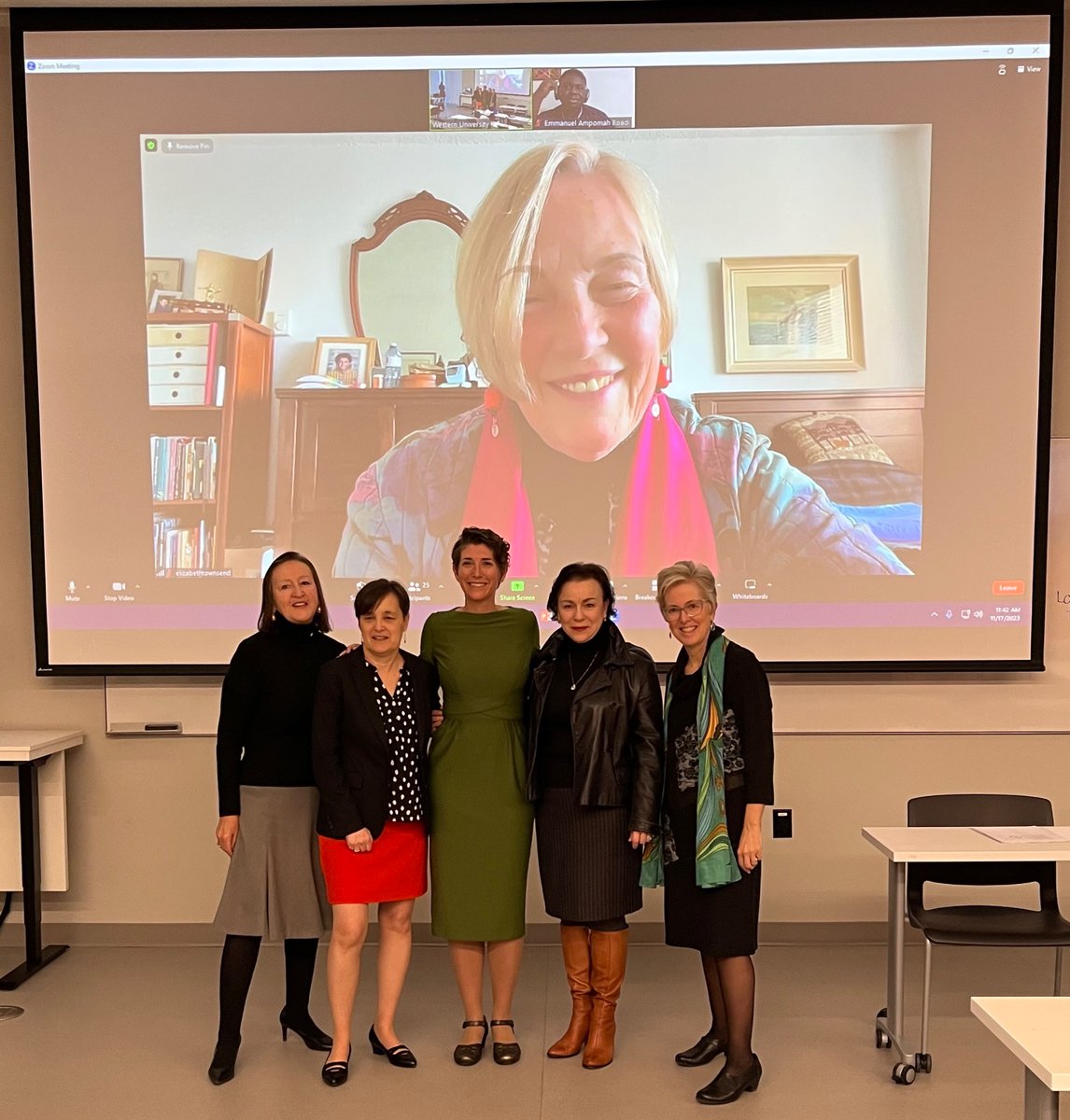 All of the Townsend-Polatajko honourary lecturers in one place! Left to right: Drs. Helene Polatajko, Debbie Laliberté-Rudman, Rebecca Aldrich, Sue Forwell, and Lynn Shaw, with Liz Townsend on the screen. <a href="/UBCOSOT/">UBC OSOT</a> <a href="/osot_UofT/">OS&OT at UofT</a> <a href="/westernuFHS/">Western Health Sciences</a> <a href="/USCChanOSOT/">USC Chan Division</a> <a href="/Dal_OT/">Dalhousie OT</a>