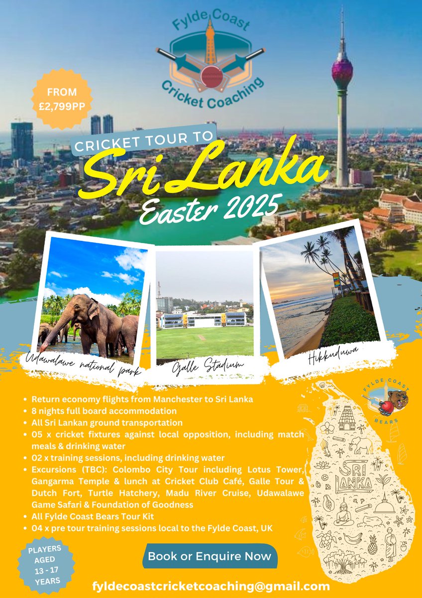 fyldecoastcc's tweet photo. AND FOR OUR NEXT TOUR WE ARE OFF TO…….. ✈️

🏏🎉🇱🇰SRI LANKA🇱🇰🎉🏏

📅 EASTER 2025 
⏰ 8 nights full board in Sri Lanka 
ℹ️ Tour Booklet available on request 
📧 fyldecoastcricketcoaching@gmail.com 

🙏🙏PLEASE SHARE🙏🙏 https://t.co/ljFPqwbBEF