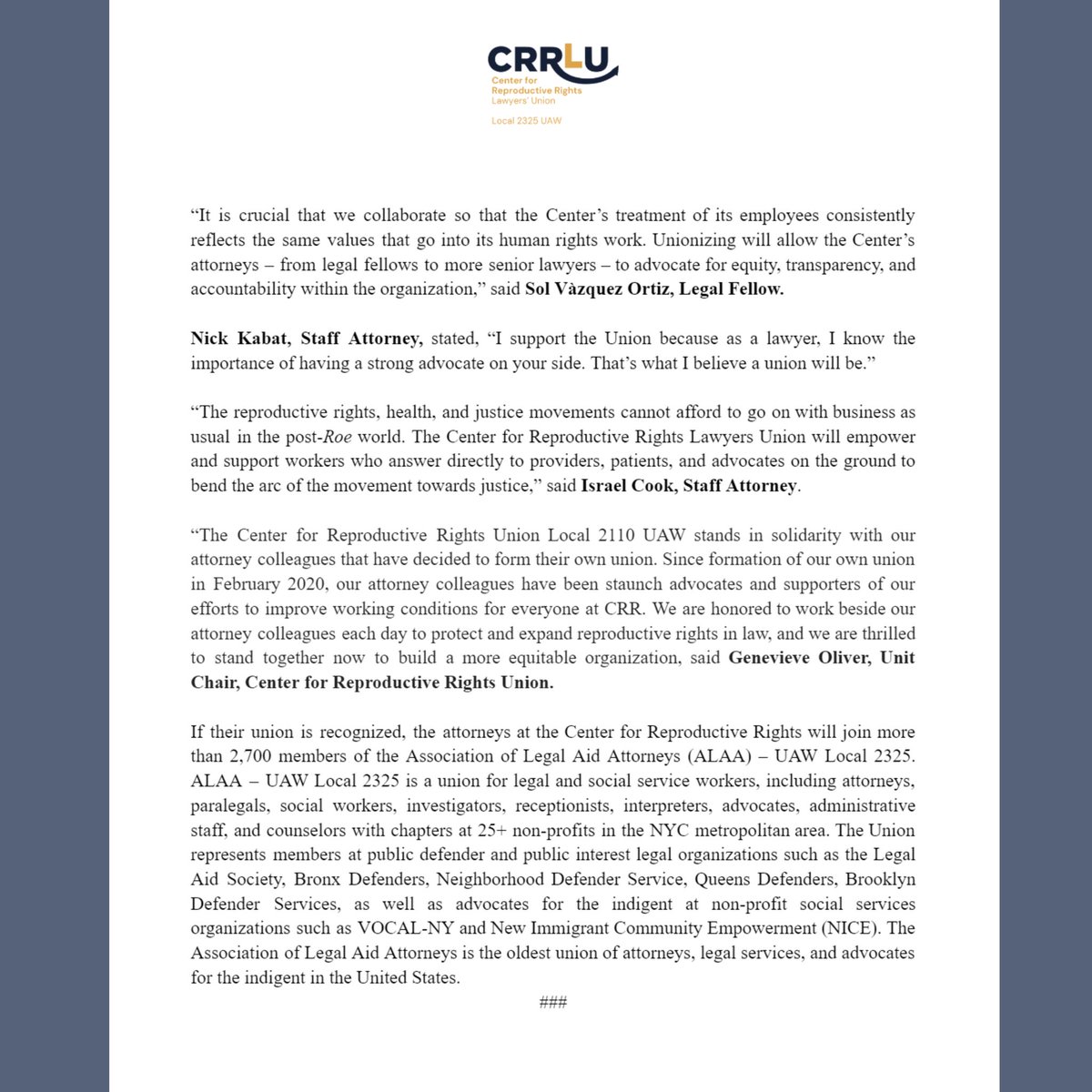 The attorneys at the Center for Reproductive Rights are proud to announce that we are forming a union represented by the Association of Legal Aid Attorneys (ALAA) – UAW Local 2325! Press Release attached!