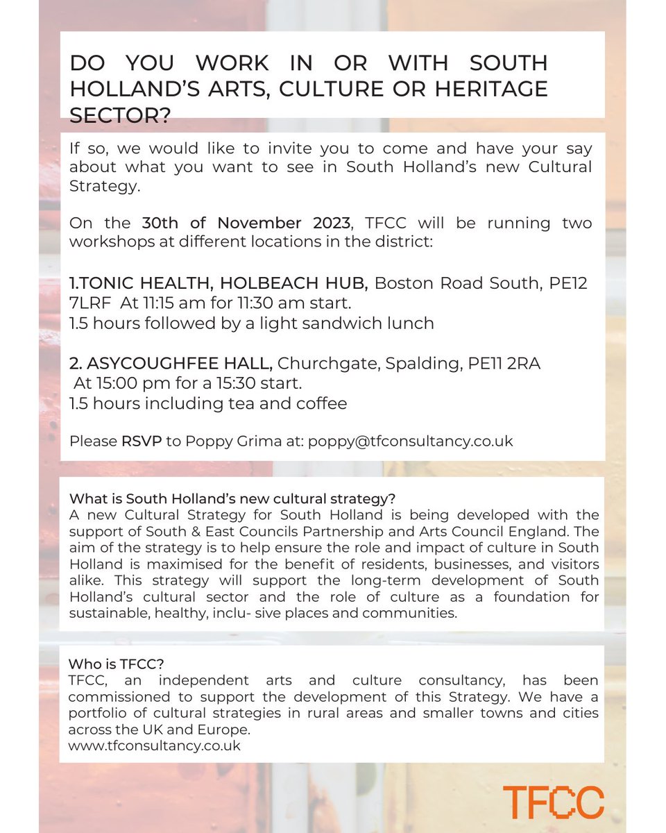Transported (@transportedart) on Twitter photo Transported's local authority partner SHDC are taking the exciting step of developing a new cultural strategy to help shape and drive activity going forward. Please make your contribution to reflect local ideas, ambition & purpose.
RSVP to Poppy Grima at poppy@tfconsultancy.co.uk Transported's local authority partner SHDC are taking the exciting step of developing a new cultural strategy to help shape and drive activity going forward. Please make your contribution to reflect local ideas, ambition & purpose.
RSVP to Poppy Grima at poppy@tfconsultancy.co.uk