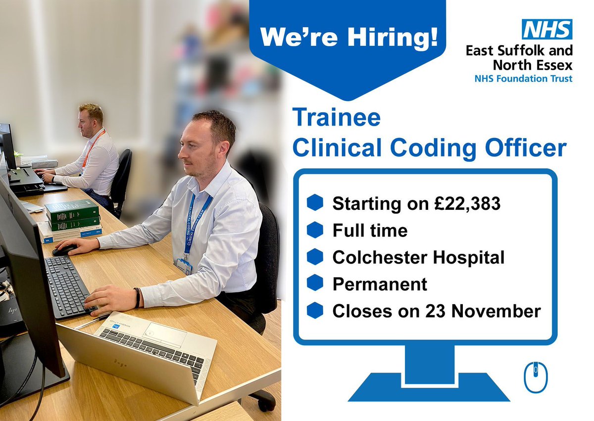 Want to get into NHS Clinical Coding? 👇👇👇 #ComeAndJoinUs #TeamESNEFT 

💻 Apply here: buff.ly/3R2WNjS 

#ClinicalCoding #NHS #NHSJobs #NHSHeroes #Healthcare #Technology #IT #Coding #HiringNow #TimeToShine #Hospital
