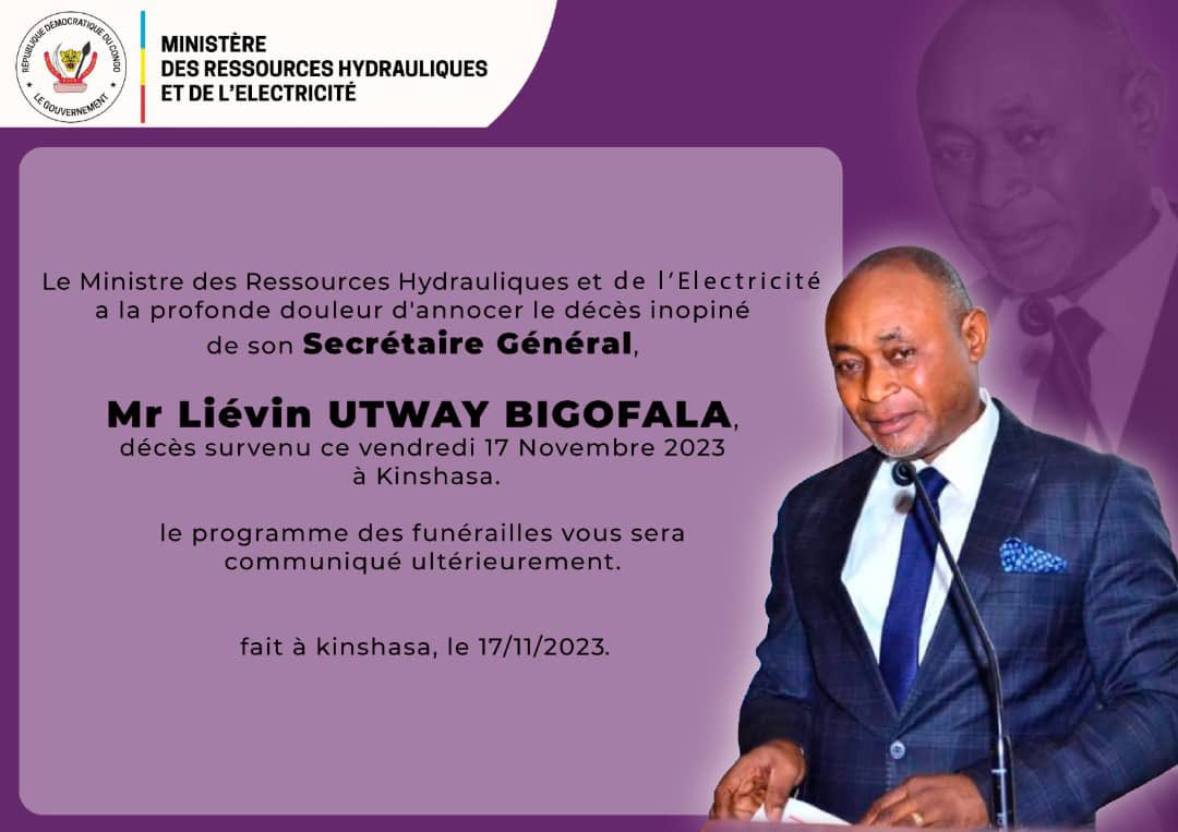 C’est avec une tristesse que j’ai appris ce matin, la disparition de M. Liévin UTWAY BIGOFALA, S G des Ressources Hydrauliques et de l’ Électricité,collaborateur d’une grande valeur humaine et professionnelle.Mes pensées les plus émues vont à sa famille. RIP SG UTWAY.