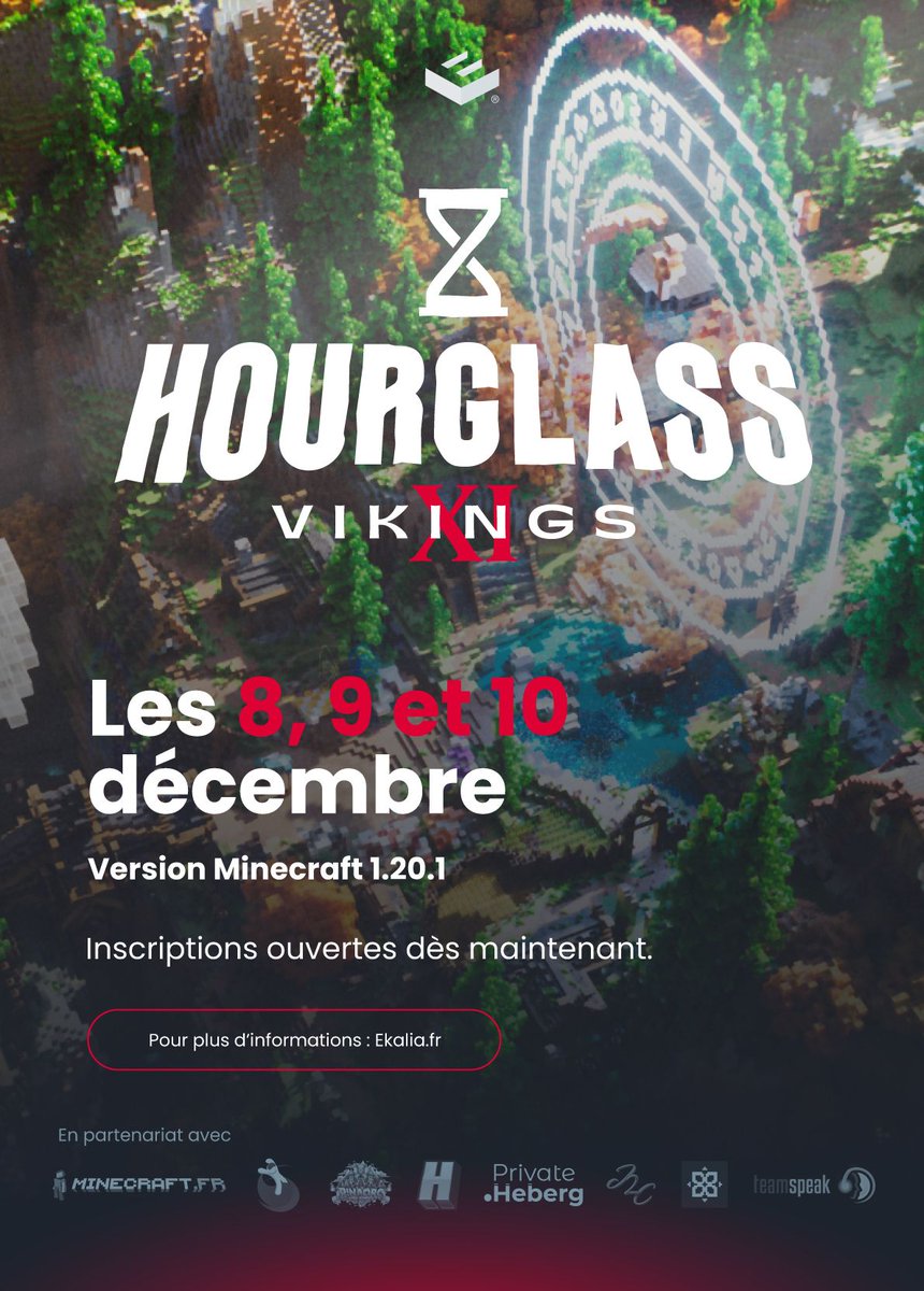 EVENT MINECRAFT : HOURGLASS 11 ⏳ 

Récoltez des grains de sable, réalisez les objectifs, optimisez votre farming et déjouez l'économie🪓 

Les 8, 9 et 10 décembre en équipe de 10 🛡️ 

💬 Discord : ekalia.fr/discord 
➡️ Inscriptions : ekalia.fr/event/hourglas…

#Hourglass11⌛