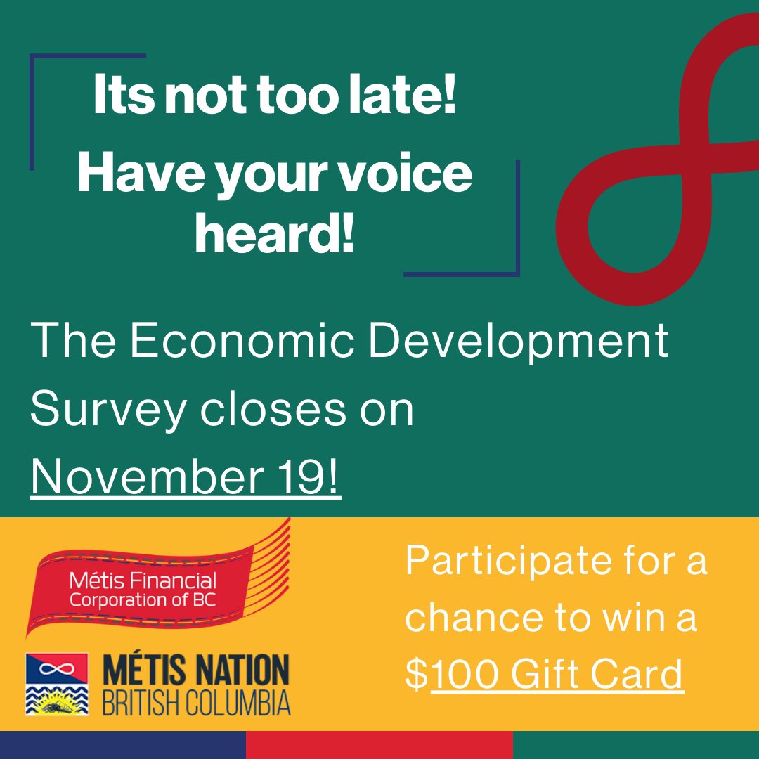 How can we improve employment and business opportunities for all our regions?   We are asking all Métis living in B.C. to share their thoughts!   Participate for a chance to win a $100 gift card. surveymonkey.com/r/6JSQFQJ