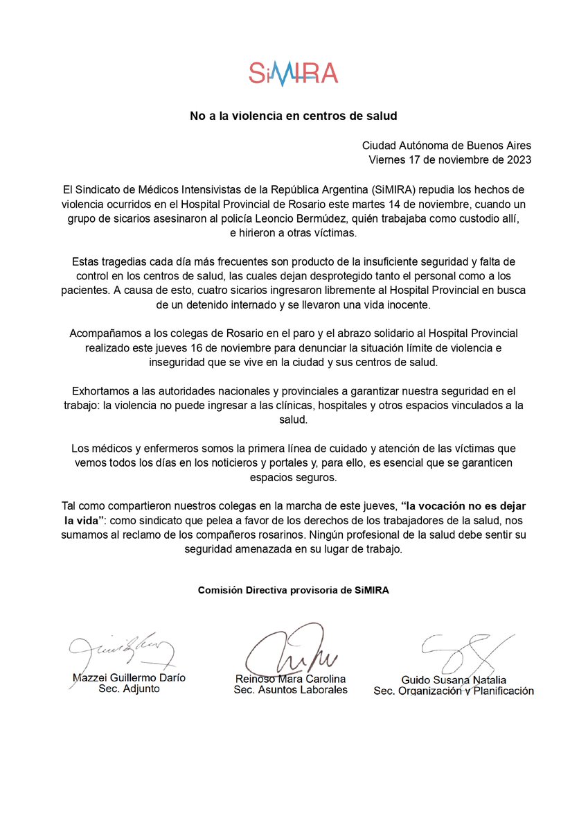 SimiraSindicato's tweet photo. Compartimos nuestro un comunicado en *repudio a la violencia en la ciudad de Rosario*, Santa Fe, que este martes llegó a los centros de salud con el asesinato del policía Leoncio Bermúdez en el Hospital Provincial. https://t.co/ZHAdsMdBEI
