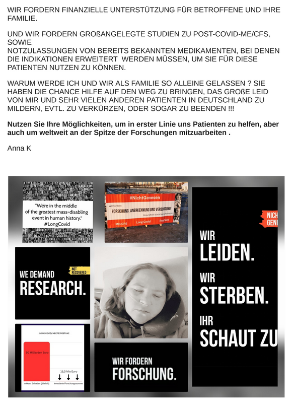 Heute möchten wir das Statement einer Betroffenen mit euch teilen. Anna K. hat uns diese Zeilen anlässlich der Liegenddemo am 12.05.2023 geschickt.
Vielen Dank für deine Worte, liebe Anna, die sicherlich vielen #MECFS, #LongCovid, #PostVac Erkrankten aus der Seele sprechen!