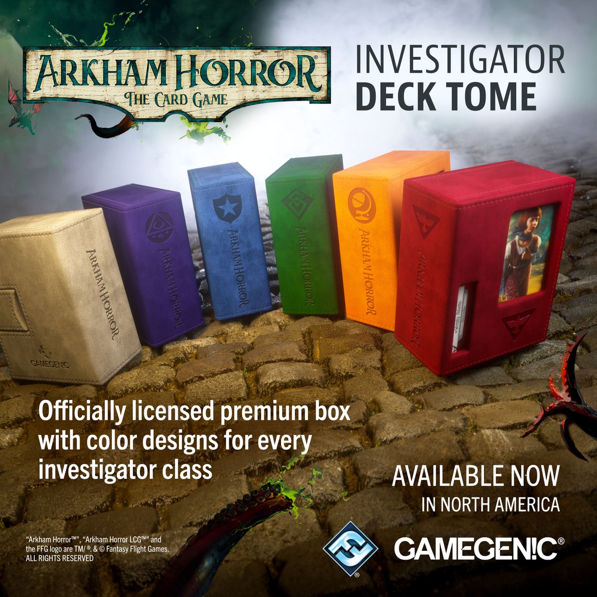 OUT NOW IN NORTH AMERICA We present the first officially licensed premium deck box for Arkham Horror: The Card Game! The ARKHAM HORROR INVESTIGATOR DECK TOME comes in 6 designs, one for OUT NOW IN NORTH AMERICA We present the first officially licensed premium deck box for Arkham Horror: The Card Game! The ARKHAM HORROR INVESTIGATOR DECK TOME comes in 6 designs, one for