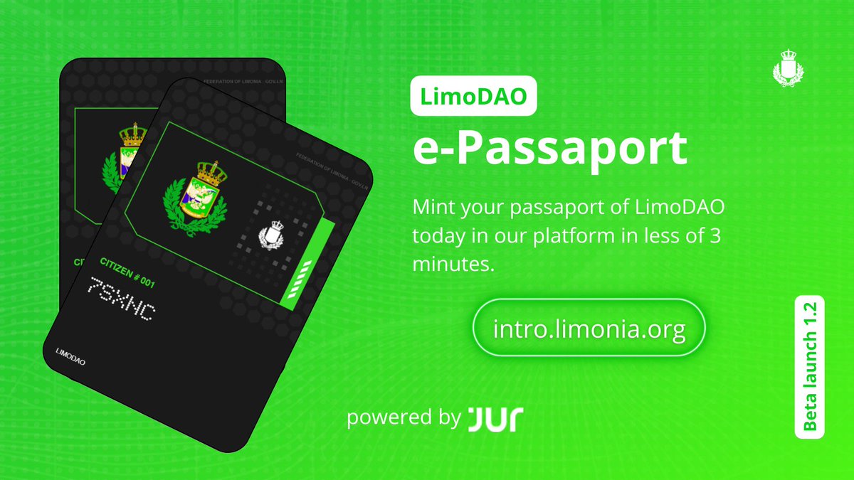 🌐 Discover the future of profitable participation in the new society with LimoDAO's e-passport!

Now you can request your digital passport at intro.limonia.org and enjoy exclusive discounts on trades and purchases! #LimoDAO in <a href="/JurProject/">Jur</a>