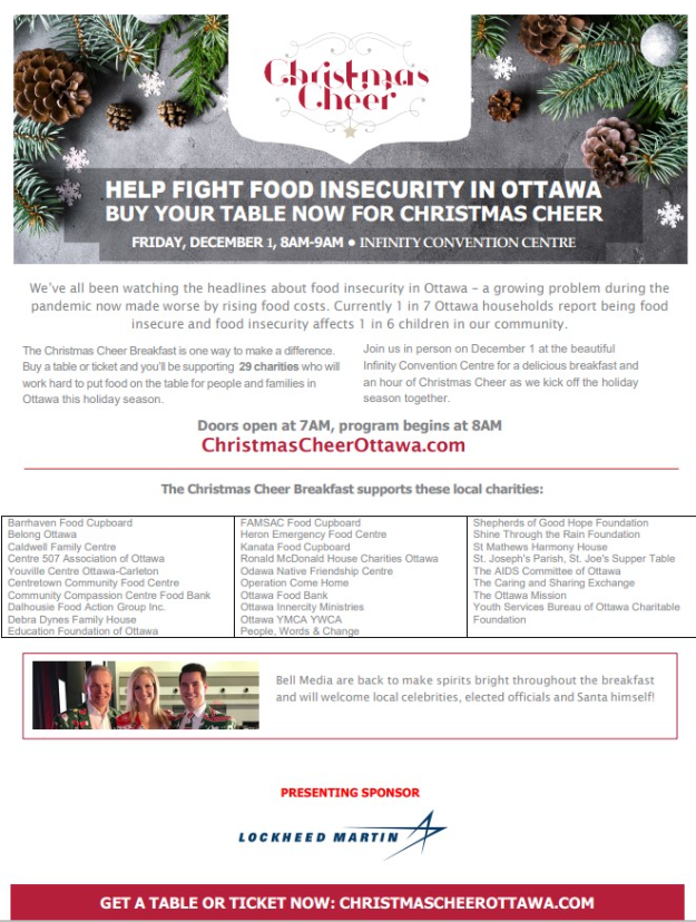 pwc_ottawa's tweet photo. This is PWC's first year being part of the Christmas Cheer Benefit Breakfast and we are so thrilled! Help fight food insecurity in #Ottawa  &amp; support local charities.
Join the Christmas Cheer Breakfast on Friday, Dec. 1. Buy your ticket at: https://t.co/XjnT8G1C1k #SpreadCheerOTT https://t.co/83TBMCDu8m