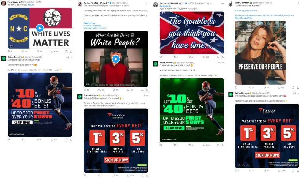 X has been placing ads for brands like Amazon, NBA Mexico, NBCUniversal, and Action Network on white nationalist hashtags. mediamatters.org/twitter/x-plac…