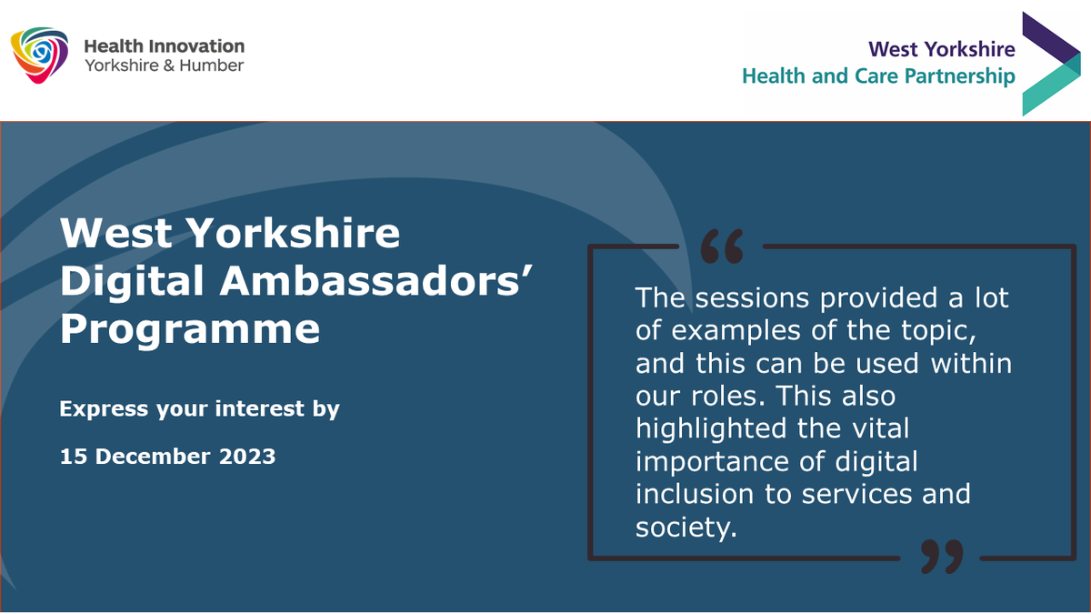 There is still time to apply for the West Yorkshire Digital Ambassador Programme, a 9-week programme aimed to bolster the #digitalinnovation, #transformation, and #improvement skills of the #PrimaryCare #workforce. To apply👉lnkd.in/eXNFMJaj
<a href="/WYpartnership/">West Yorkshire Health and Care Partnership</a>  <a href="/HealthInnovYH/">Health Innovation Yorkshire & Humber</a>