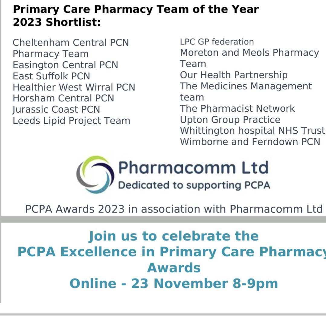 I'm super proud of our PCN Pharmacy team to have been shortlisted for the #PCPA Pharmacy team of the year award! 🤞🤞🎉