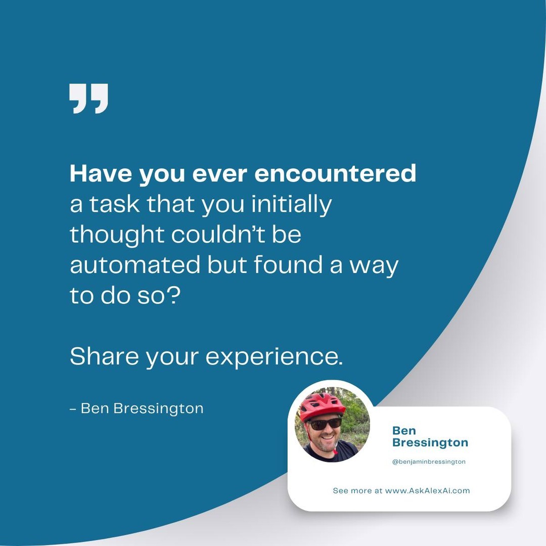 Ever thought a task couldn't be automated but then found a way?

Share your 'impossible' automation story. We're all ears!

#ImpossibleAutomation #TaskAutomation
#AI #Automation #Productivity #TimeFreedom #Efficiency #AIbots #RPA #GrowthHacking #BusinessAutomation #TechSolutions