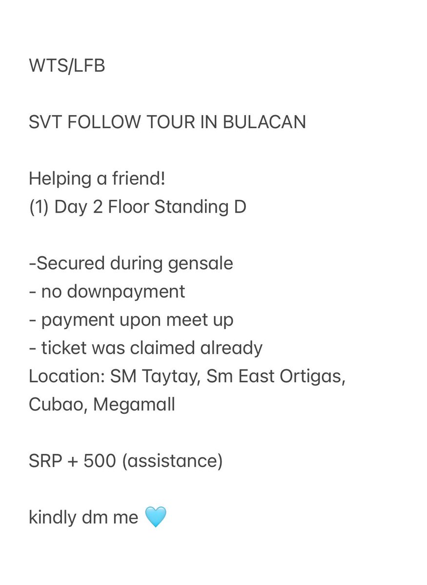 ahreum_95's tweet photo. WTS/LFB 

SEVENTEEN FOLLOW TOUR IN BULACAN 

- no downpayment 
- payment upon meet up
- ticket was claimed already 
Location: SM taytay, Sm East Ortigas, Cubao ,Megamall

SRP + 500 (assistance) 

kindly dm me 🩵 https://t.co/Fr19c9mY7Q
