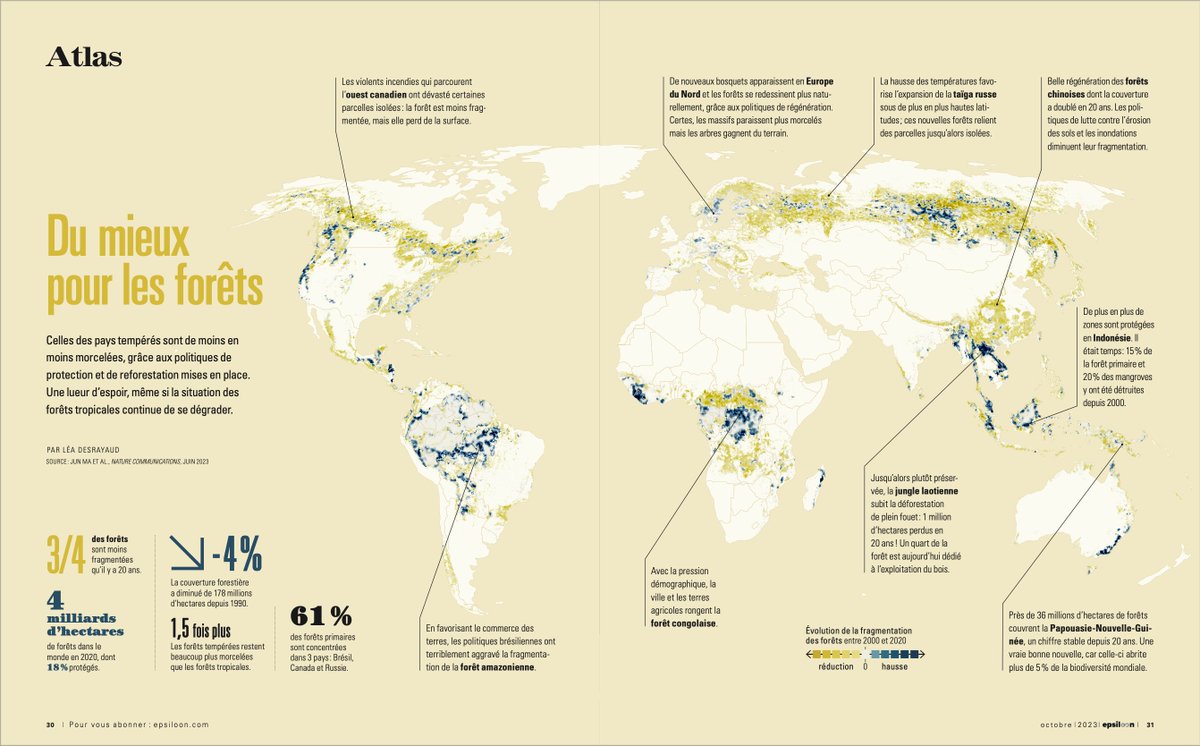 Un #30DayMapChallenge boîte à outils pour ce défi 21 “Raster”. Comme beaucoup d’atlas d’@Epsiloon_mag, celui-ci a été construit à partir d’un fichier raster transmis par les chercheurs. Avec, une fois n’est pas coutume, une bonne nouvelle pour les forêts. epsiloon.com/tous-les-numer…