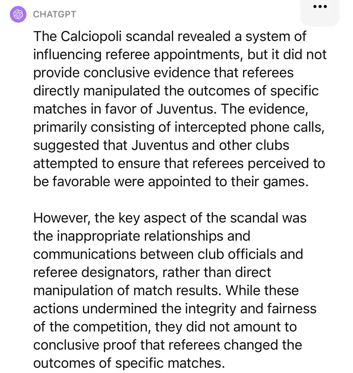 sunday_coach's tweet photo. • Did Juve pay refs? 
- No.
• Did Juve pay anyone else? 
- No.
• Was Juventus the only club in touch with referee association over ref appointments? 
- No.
• Did they ever find even a single match influenced by this so called “favorable” ref appointment? 
- No.

Italian federation forever destroyed Juve’s image & Serie A’s reputation as the best league in the world because Juventus was following industry norms & communicating with same individuals the entire league was in communication with.

Mind you, these communications weren’t even prohibited under any specific regulation & not a single match was found to be influenced by referee decisions.

Juventus led Inter by 15 points in 2006 and won the league by 7 points in 2005.