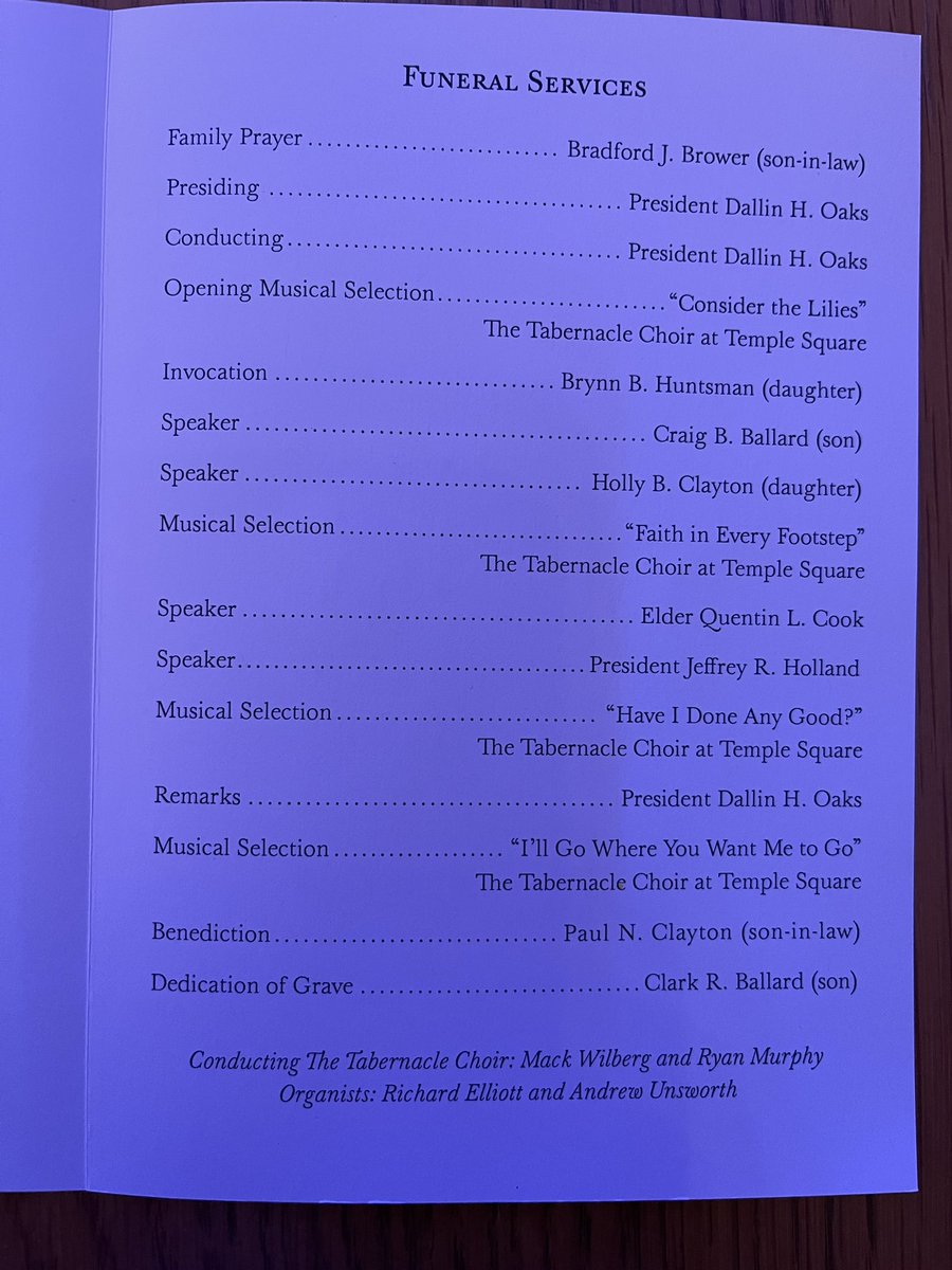 Tad_Walch's tweet photo. First look at the funeral program for President @BallardMRussell. Speakers include two of his children, Presidents @OaksDallinH and @HollandJeffreyR and Elder @CookQuentinL. @Deseret Click the link to watch. https://t.co/9Px1h7Pq5J https://t.co/IBwT33jskH