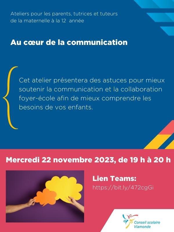 Nous aimerions vous annoncer l'atelier «Au cœur de la communication » qui vous sera offert par le Conseil ce mercredi 22 novembre à 19h. Au plaisir de vous voir en grand nombre. Lien Teams: bit.ly/472cgGi