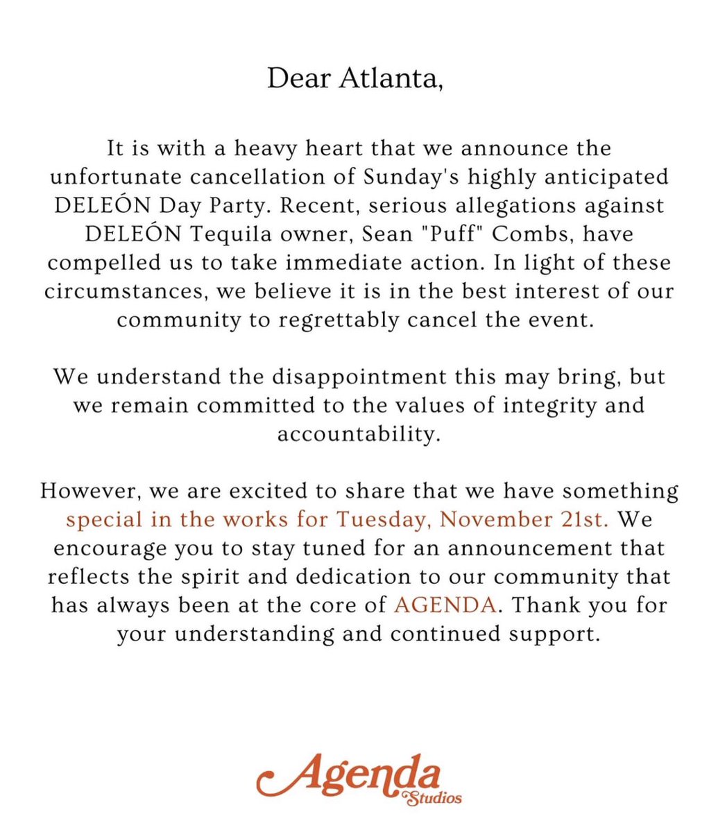 “Due to recent allegations against DELEÓN owner Sean “Puff” Combs, we regret to inform you that Sunday’s DELEÓN Day Party is canceled…” instagram.com/p/CzwUOhxg40U/…