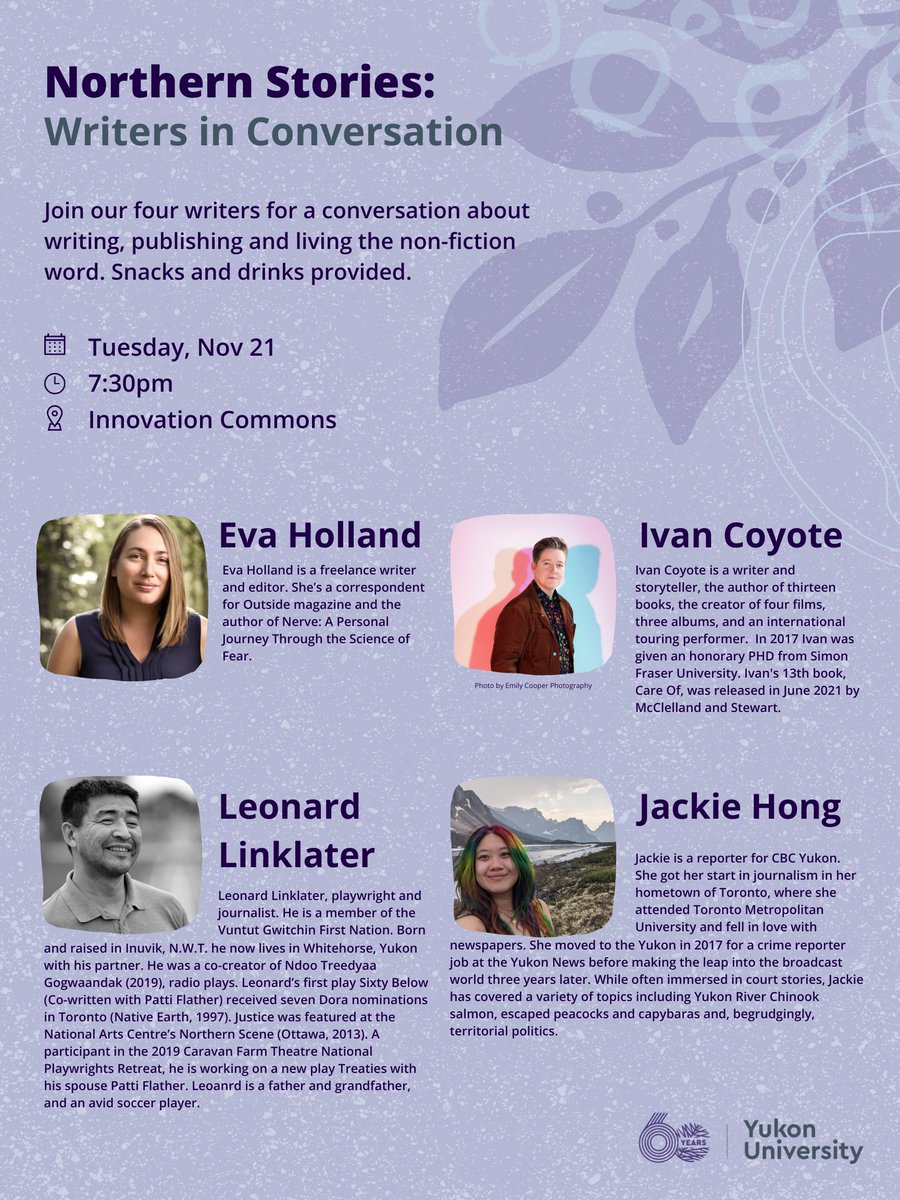 So looking forward to this evening @YukonUniversity Tues, Nov 21 with four bright northern-writer lights -- Ivan Coyote, Eva Holland, Jackie Hong & Leonard Linklater -- and hosted by @jamellahagen! @evaholland @ivancoyote @fnlenny @xjackiehong